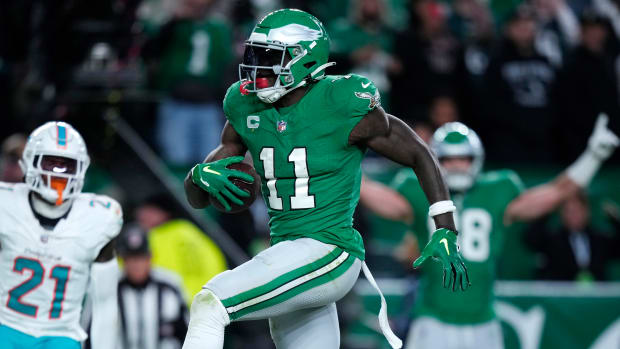 Eagles wide receiver A.J. Brown runs into the end zone